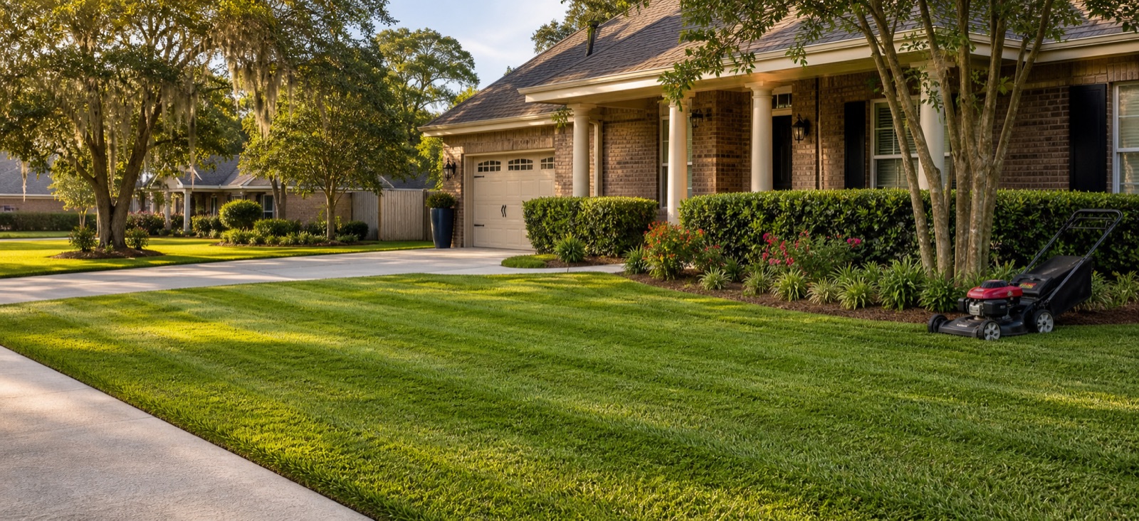Freshly mowed front lawn with clean stripes and trimmed edges